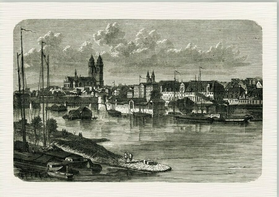 Holzstich: Magdeburg vom Werder aus gesehen, Blick über die Elbe auf den Dom